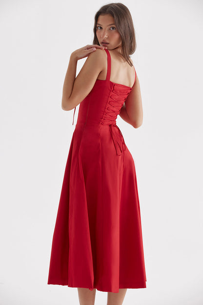 Lola - Robe Invitée Mariage Femme Midi Bustier à Bretelles et Jupe Évasée Romantique