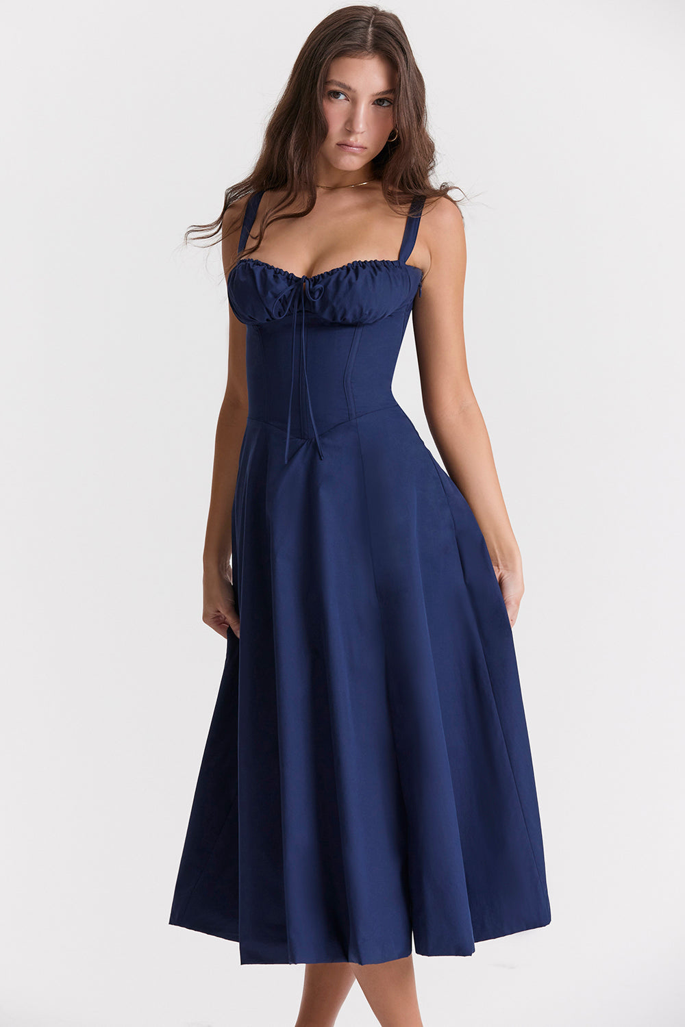 Lola - Robe Invitée Mariage Femme Midi Bustier à Bretelles et Jupe Évasée Romantique