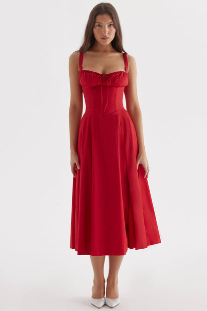 Lola - Robe Invitée Mariage Femme Midi Bustier à Bretelles et Jupe Évasée Romantique
