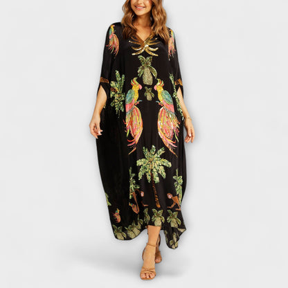 Lola - Robe Longue Bohème Femme Oversize avec Col en V et Imprimé Tropical