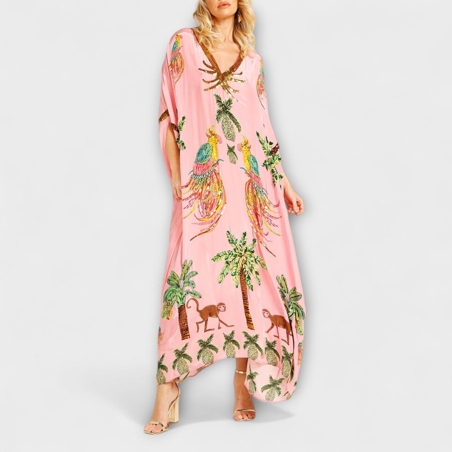 Lola - Robe Longue Bohème Femme Oversize avec Col en V et Imprimé Tropical