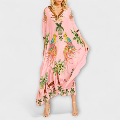 Lola - Robe Longue Bohème Femme Oversize avec Col en V et Imprimé Tropical