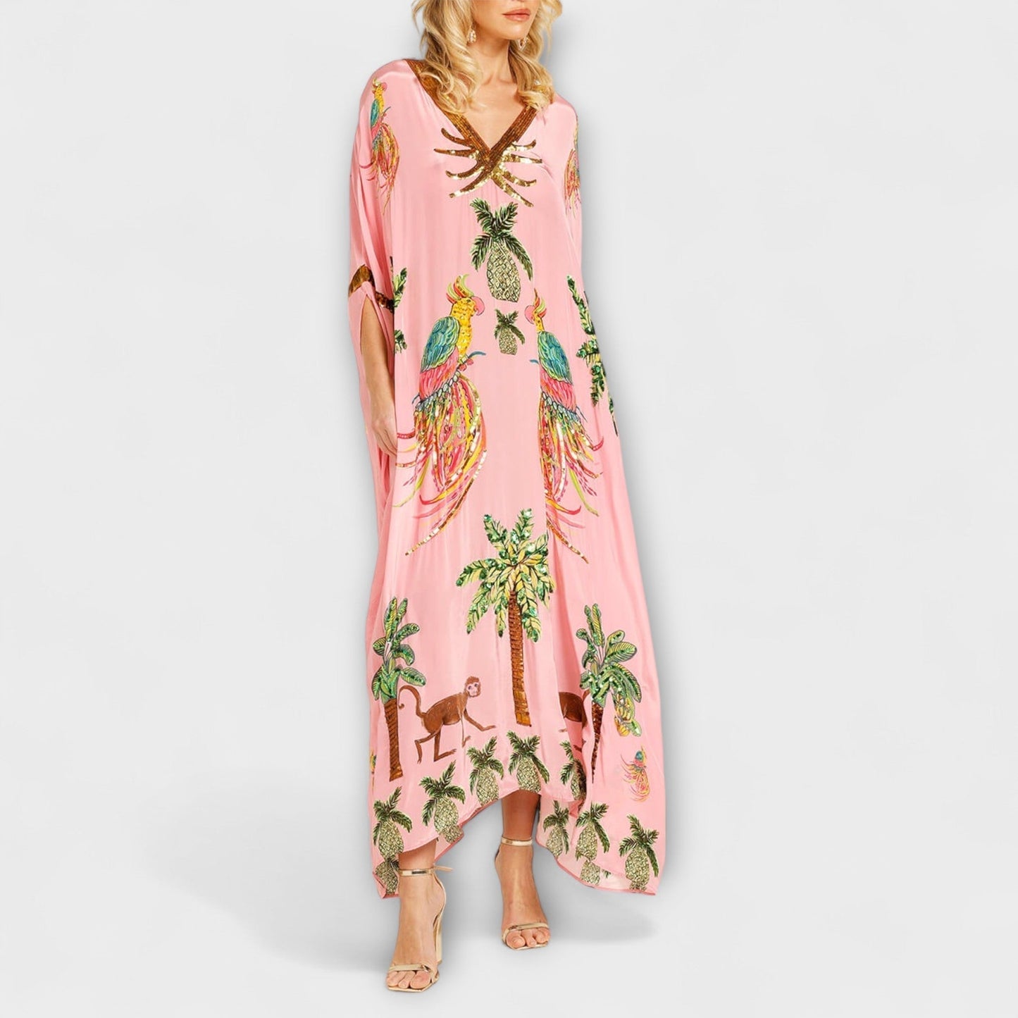 Lola - Robe Longue Bohème Femme Oversize avec Col en V et Imprimé Tropical