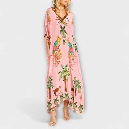 Lola - Robe Longue Bohème Femme Oversize avec Col en V et Imprimé Tropical