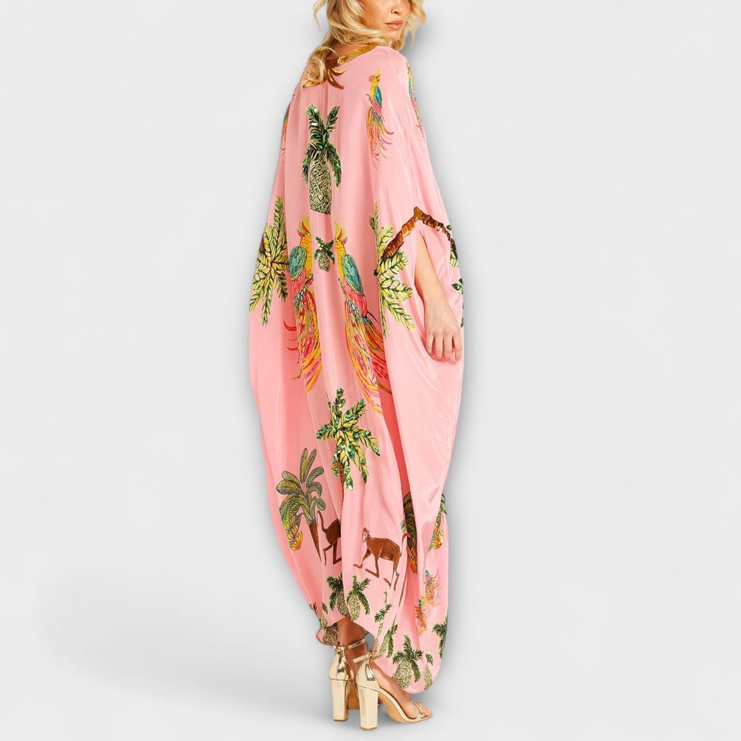 Lola - Robe Longue Bohème Femme Oversize avec Col en V et Imprimé Tropical
