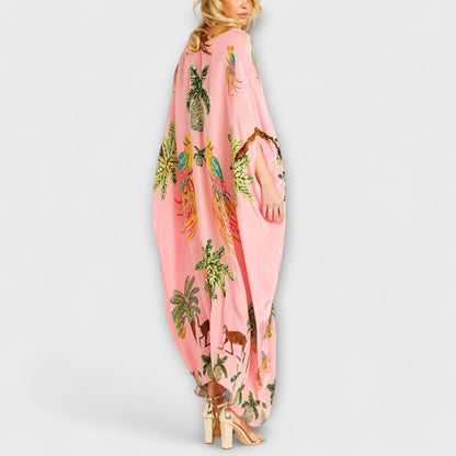 Lola - Robe Longue Bohème Femme Oversize avec Col en V et Imprimé Tropical