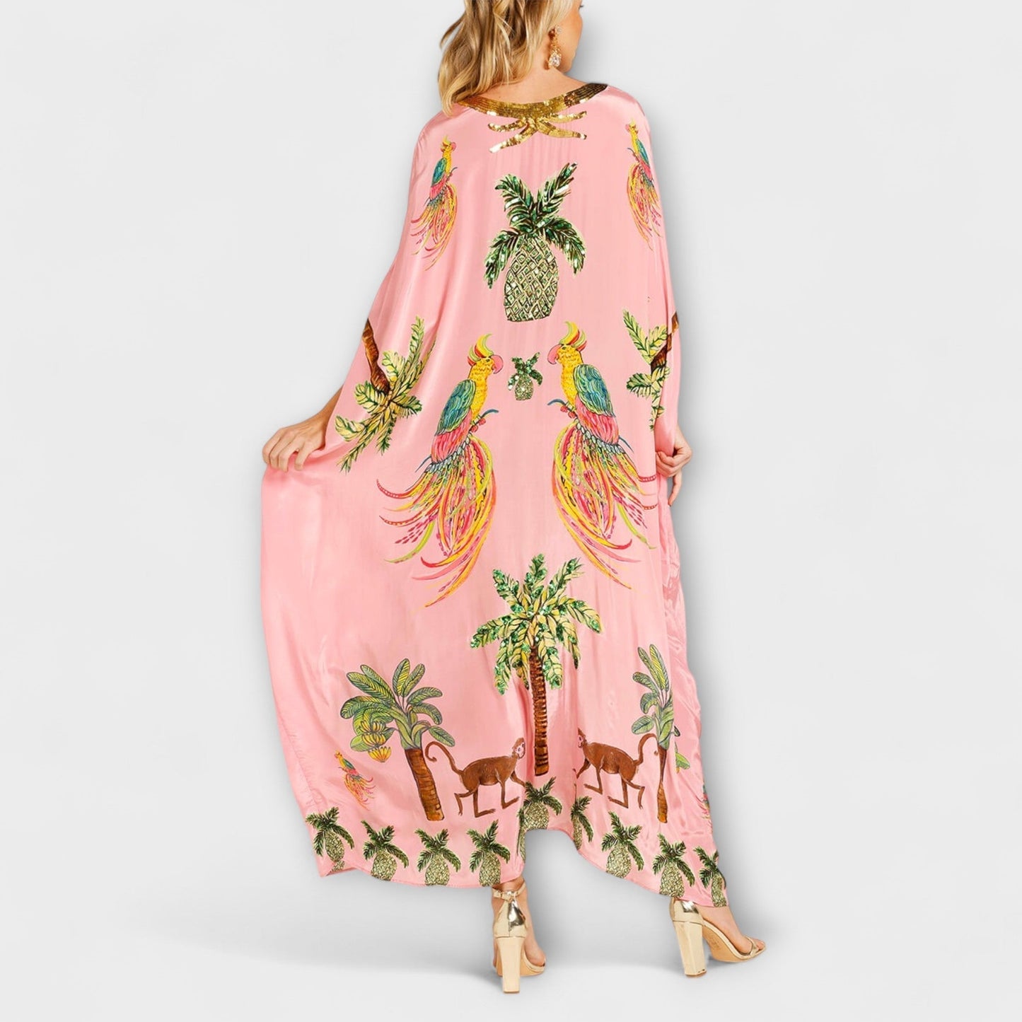 Lola - Robe Longue Bohème Femme Oversize avec Col en V et Imprimé Tropical