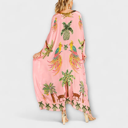 Lola - Robe Longue Bohème Femme Oversize avec Col en V et Imprimé Tropical