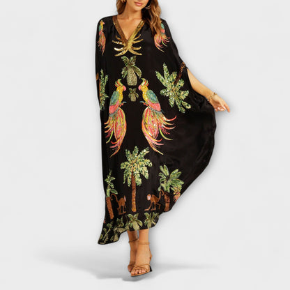 Lola - Robe Longue Bohème Femme Oversize avec Col en V et Imprimé Tropical