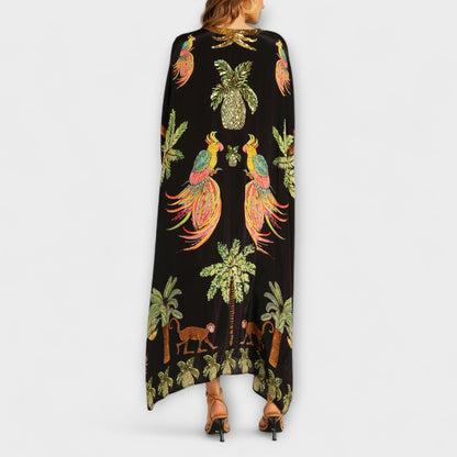 Lola - Robe Longue Bohème Femme Oversize avec Col en V et Imprimé Tropical