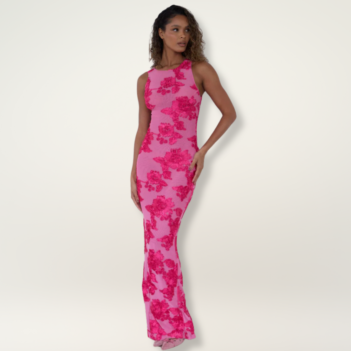 Lola - Robe Maxi Chic Invitée Mariage Femme avec Encolure Droite et Imprimé Floral Contrasté