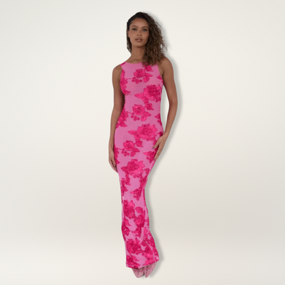 Lola - Robe Maxi Chic Invitée Mariage Femme avec Encolure Droite et Imprimé Floral Contrasté