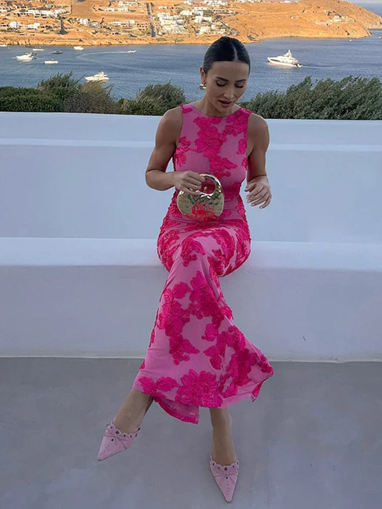 Lola - Robe Maxi Chic Invitée Mariage Femme avec Encolure Droite et Imprimé Floral Contrasté