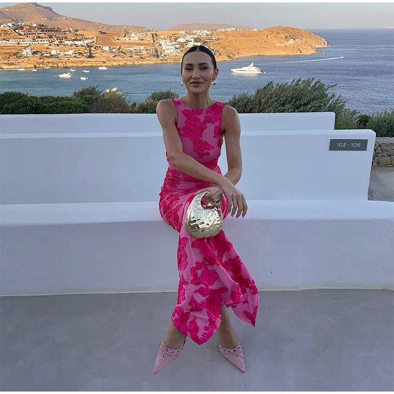 Lola - Robe Maxi Chic Invitée Mariage Femme avec Encolure Droite et Imprimé Floral Contrasté