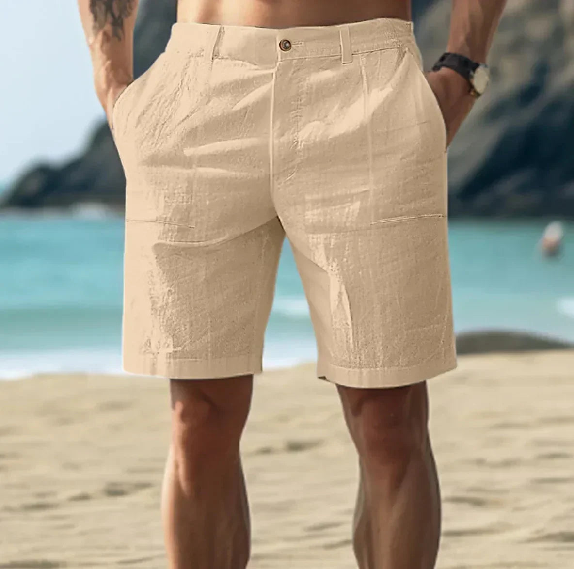 Maxime - Short en Lin Homme Casual avec Ceinture Boutonnée et Coupe Droite