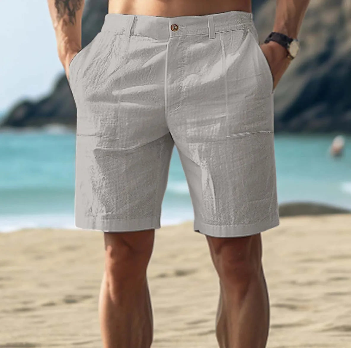 Maxime - Short en Lin Homme Casual avec Ceinture Boutonnée et Coupe Droite
