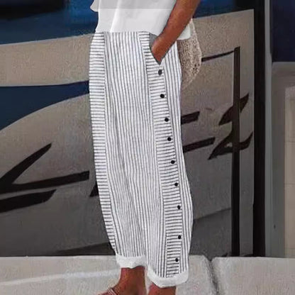 Louise - Pantalon en Lin Femme Fluide à Rayures avec Boutons Décoratifs Latéraux