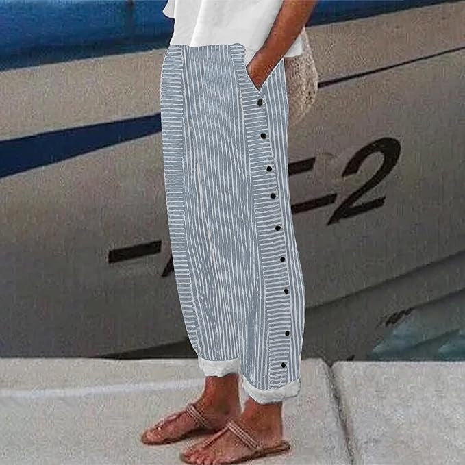Louise - Pantalon en Lin Femme Fluide à Rayures avec Boutons Décoratifs Latéraux