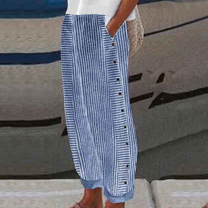 Louise - Pantalon en Lin Femme Fluide à Rayures avec Boutons Décoratifs Latéraux