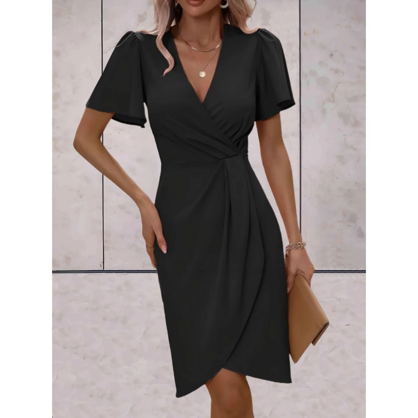 Louise - Robe Invitée Mariage Femme Chic Portefeuille Col V et Manches Papillon
