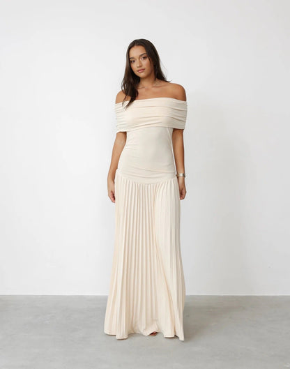Louise - Robe Maxi Élégante Invitée Mariage Femme avec Épaules Dénudées et Jupe Plissée
