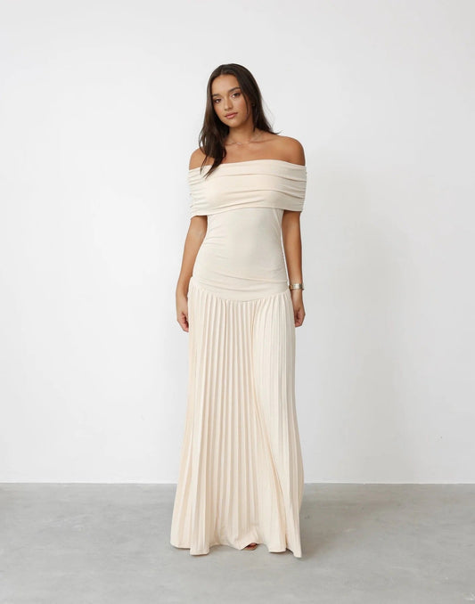 Louise - Robe Maxi Élégante Invitée Mariage Femme avec Épaules Dénudées et Jupe Plissée