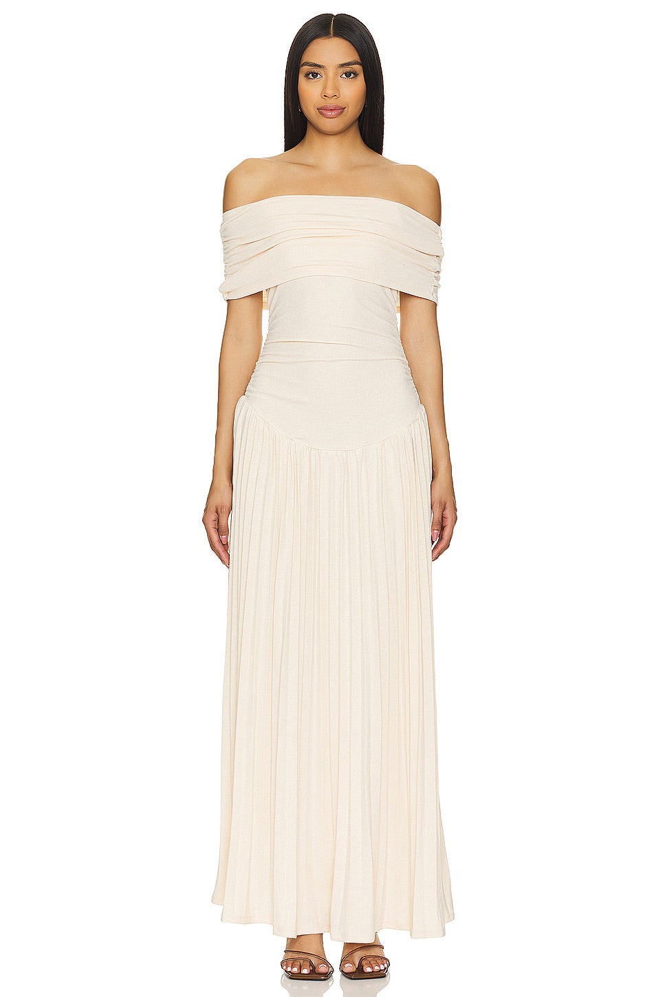 Louise - Robe Maxi Élégante Invitée Mariage Femme avec Épaules Dénudées et Jupe Plissée