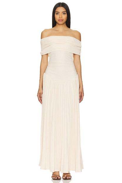 Louise - Robe Maxi Élégante Invitée Mariage Femme avec Épaules Dénudées et Jupe Plissée