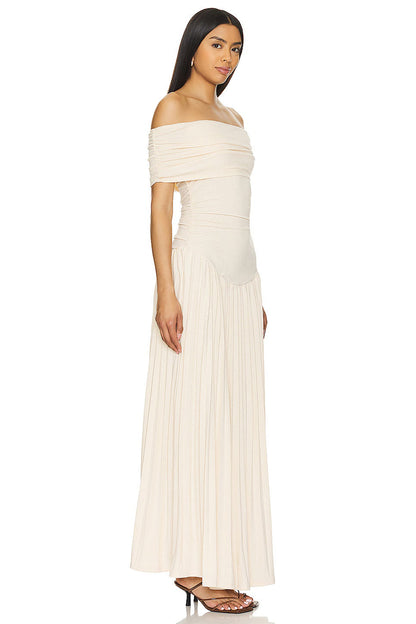 Louise - Robe Maxi Élégante Invitée Mariage Femme avec Épaules Dénudées et Jupe Plissée