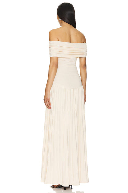 Louise - Robe Maxi Élégante Invitée Mariage Femme avec Épaules Dénudées et Jupe Plissée