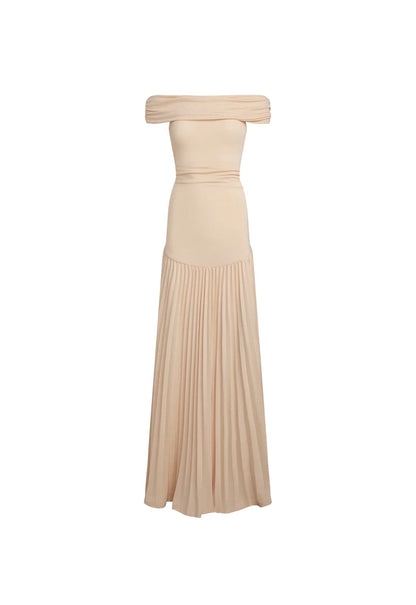 Louise - Robe Maxi Élégante Invitée Mariage Femme avec Épaules Dénudées et Jupe Plissée