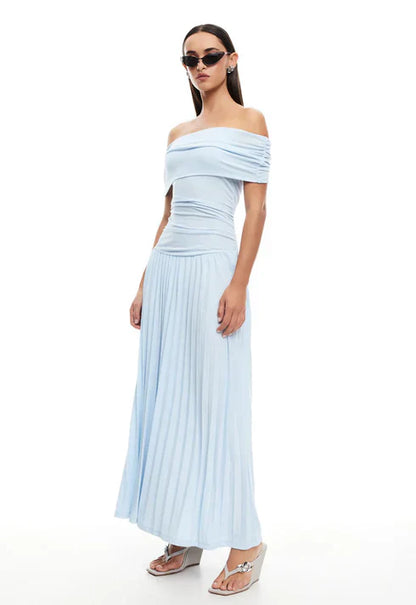 Louise - Robe Maxi Élégante Invitée Mariage Femme avec Épaules Dénudées et Jupe Plissée