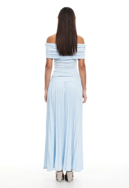 Louise - Robe Maxi Élégante Invitée Mariage Femme avec Épaules Dénudées et Jupe Plissée