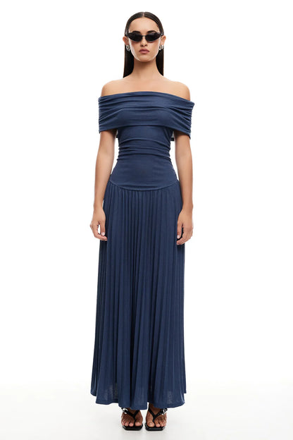 Louise - Robe Maxi Élégante Invitée Mariage Femme avec Épaules Dénudées et Jupe Plissée