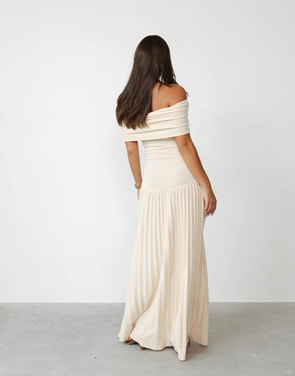 Louise - Robe Maxi Élégante Invitée Mariage Femme avec Épaules Dénudées et Jupe Plissée