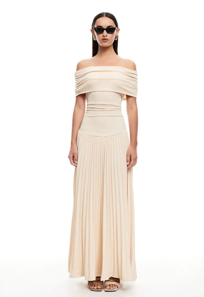 Louise - Robe Maxi Élégante Invitée Mariage Femme avec Épaules Dénudées et Jupe Plissée