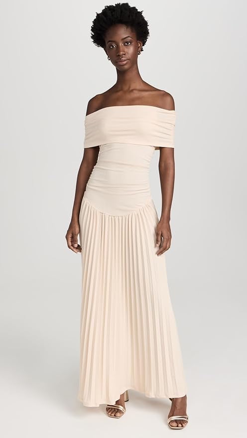 Louise - Robe Maxi Élégante Invitée Mariage Femme avec Épaules Dénudées et Jupe Plissée