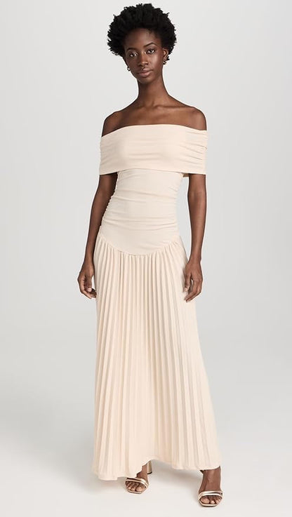 Louise - Robe Maxi Élégante Invitée Mariage Femme avec Épaules Dénudées et Jupe Plissée