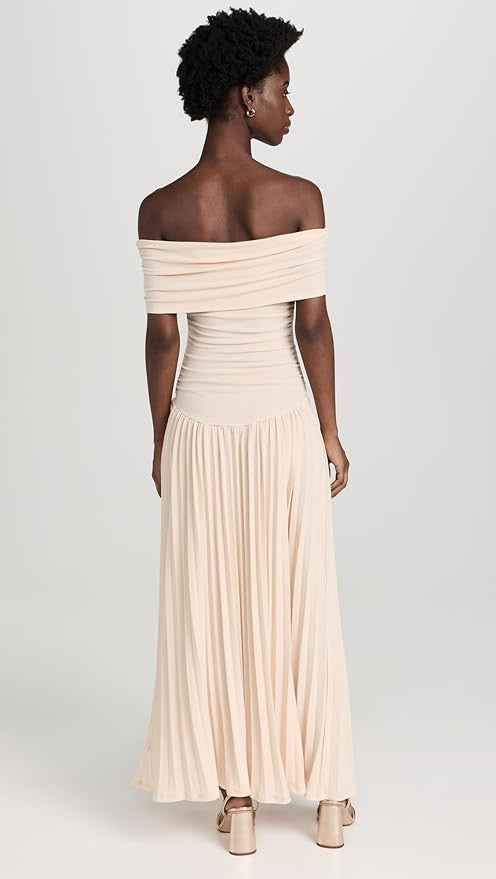 Louise - Robe Maxi Élégante Invitée Mariage Femme avec Épaules Dénudées et Jupe Plissée