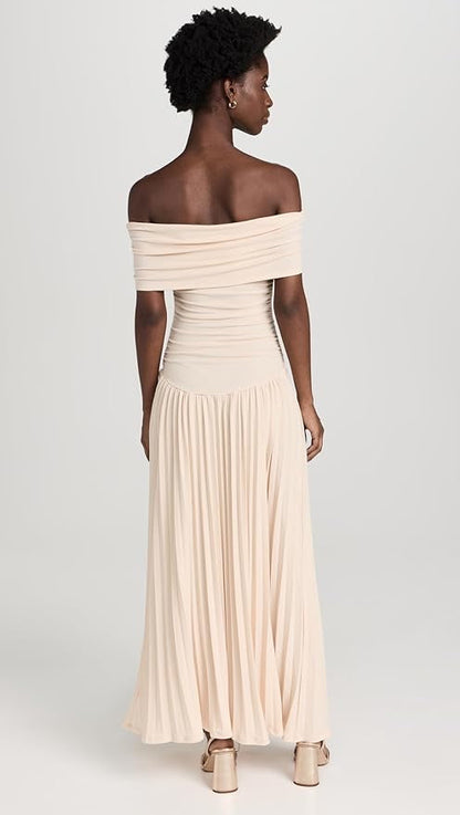 Louise - Robe Maxi Élégante Invitée Mariage Femme avec Épaules Dénudées et Jupe Plissée
