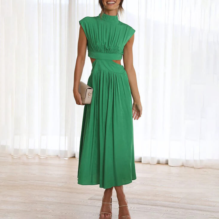 Louise - Robe Midi Élégante Invitée Mariage Femme avec Col Montant et Découpes à la Taille