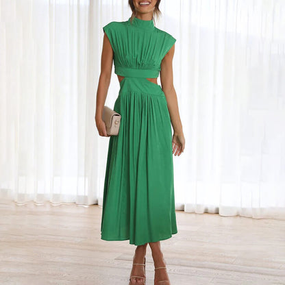 Louise - Robe Midi Élégante Invitée Mariage Femme avec Col Montant et Découpes à la Taille