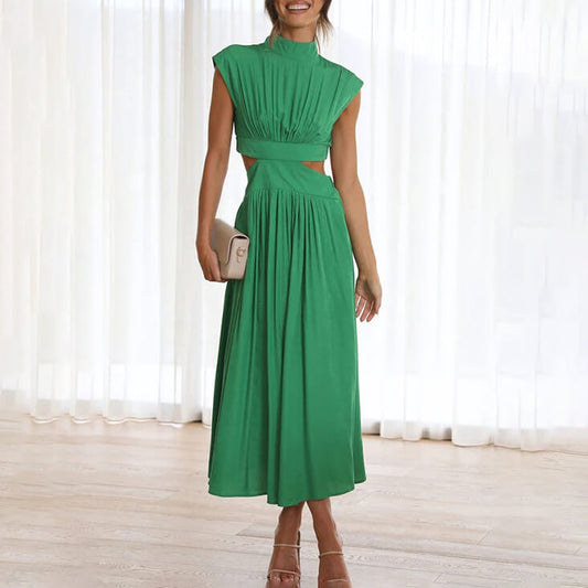Louise - Robe Midi Élégante Invitée Mariage Femme avec Col Montant et Découpes à la Taille