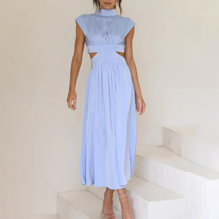 Louise - Robe Midi Élégante Invitée Mariage Femme avec Col Montant et Découpes à la Taille