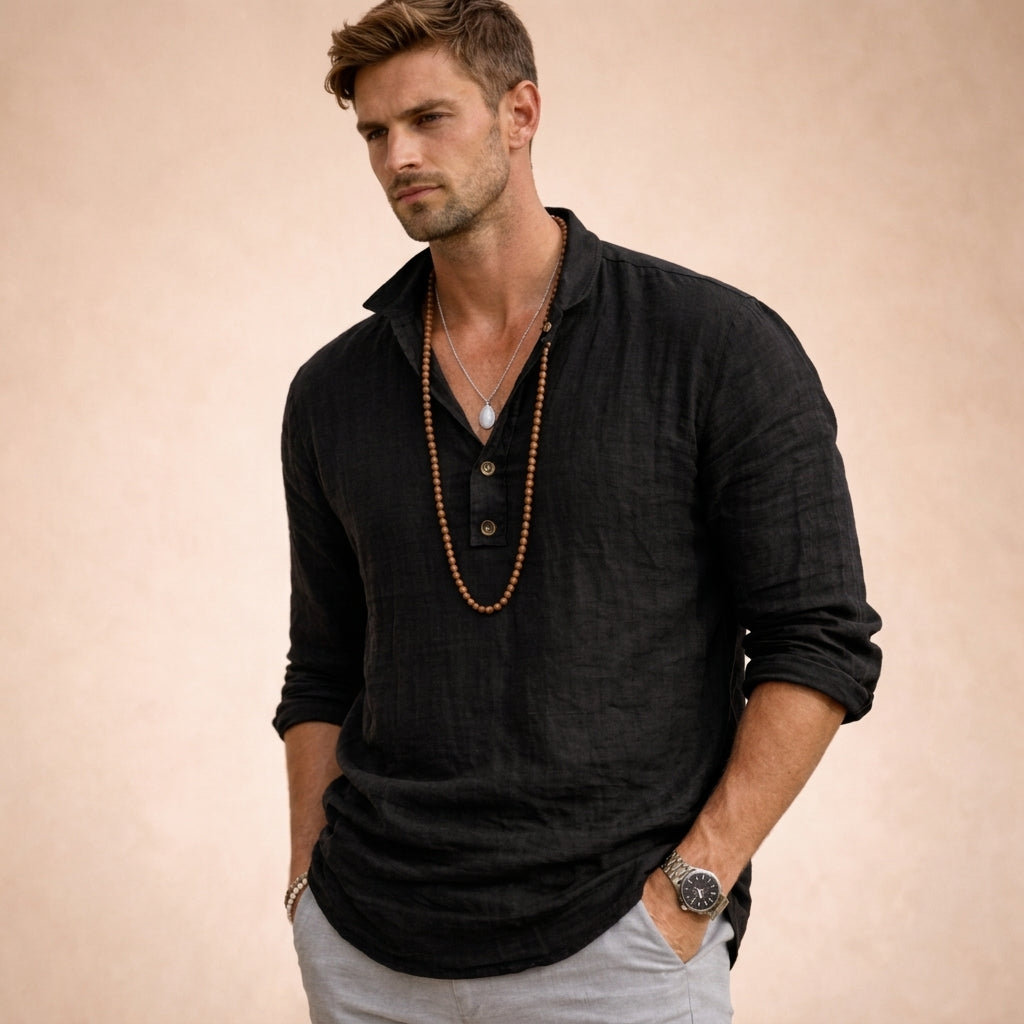 Lucas - Chemise en Lin Casual Homme avec Col Polo et Boutonnage Partiel
