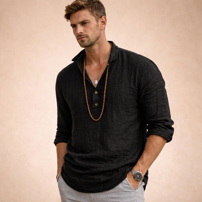 Lucas - Chemise en Lin Casual Homme avec Col Polo et Boutonnage Partiel