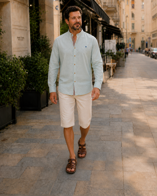 Lucas - Chemise en Lin Homme Casual Chic avec Col Mao et Boutons Contrastés