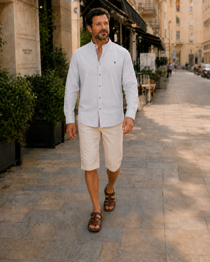 Lucas - Chemise en Lin Homme Casual Chic avec Col Mao et Boutons Contrastés
