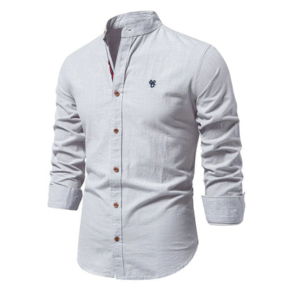 Lucas - Chemise en Lin Homme Casual Chic avec Col Mao et Boutons Contrastés