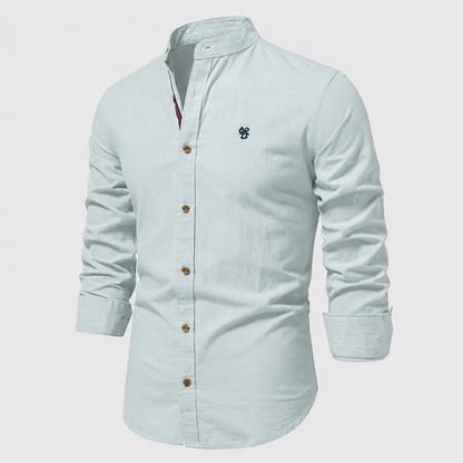 Lucas - Chemise en Lin Homme Casual Chic avec Col Mao et Boutons Contrastés